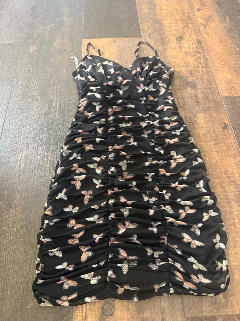 Ruched Black Butterfly-Print Mini Dress